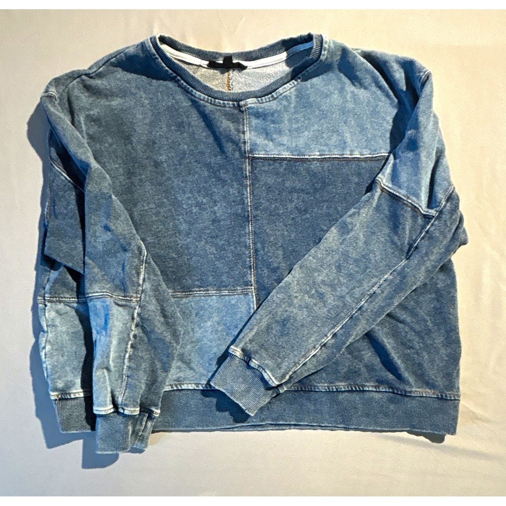 Jane + Delancey Blue Patchwork French Terry Crewneck Sweatshirt XL Indigo Wash
